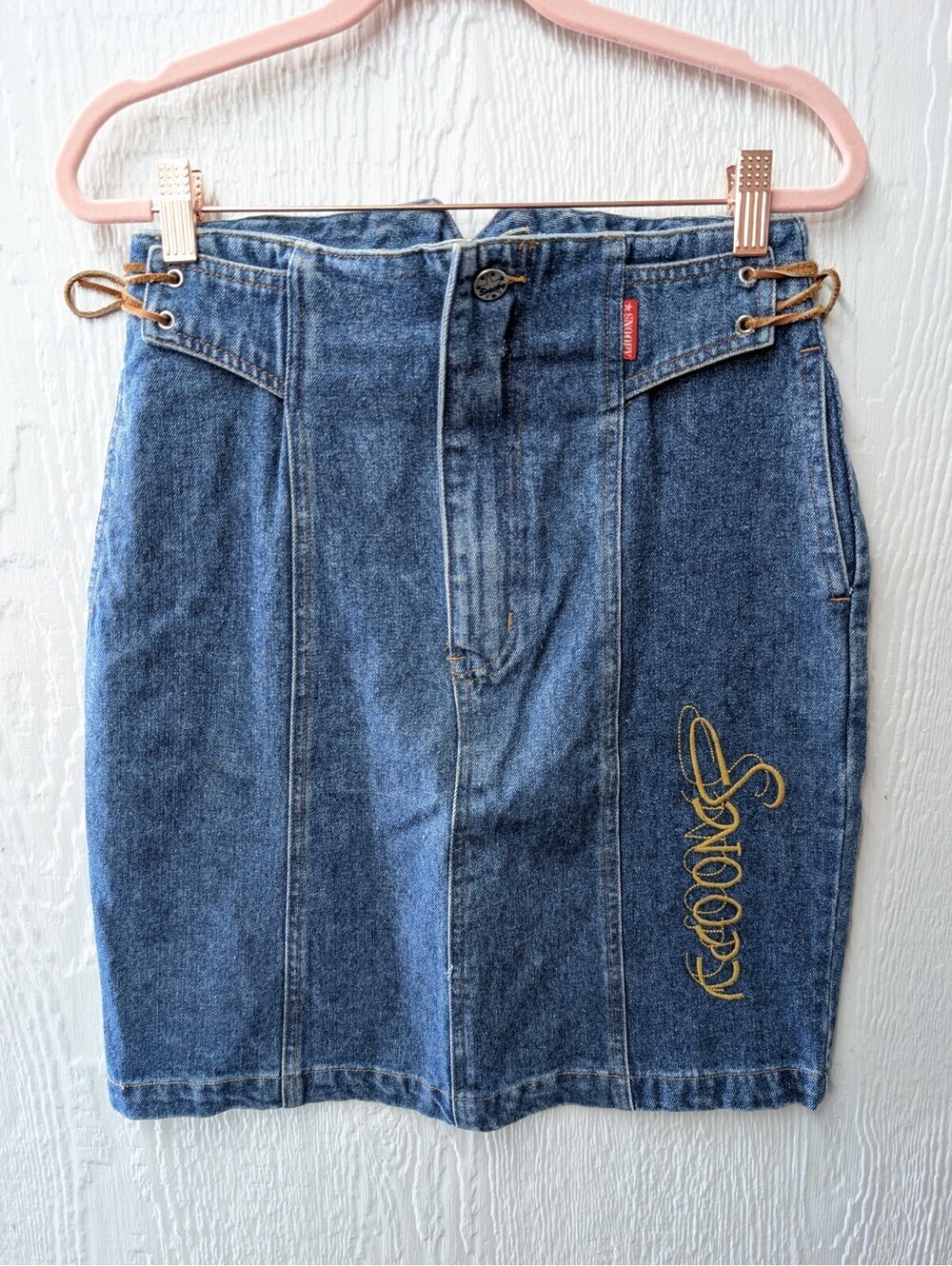 Vtg Y2K Snoopy Denim Skirt Leather Lace Up Western Cowgirl Size Japan LL US XL